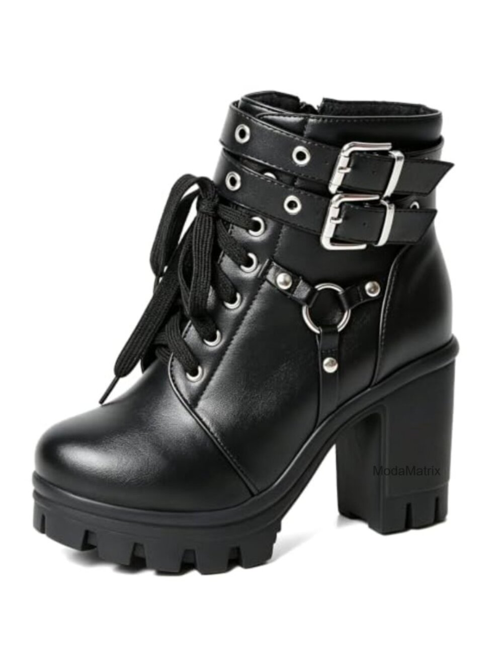 Platform High Heel Combat Ankle Booties Buckle PU Leather
